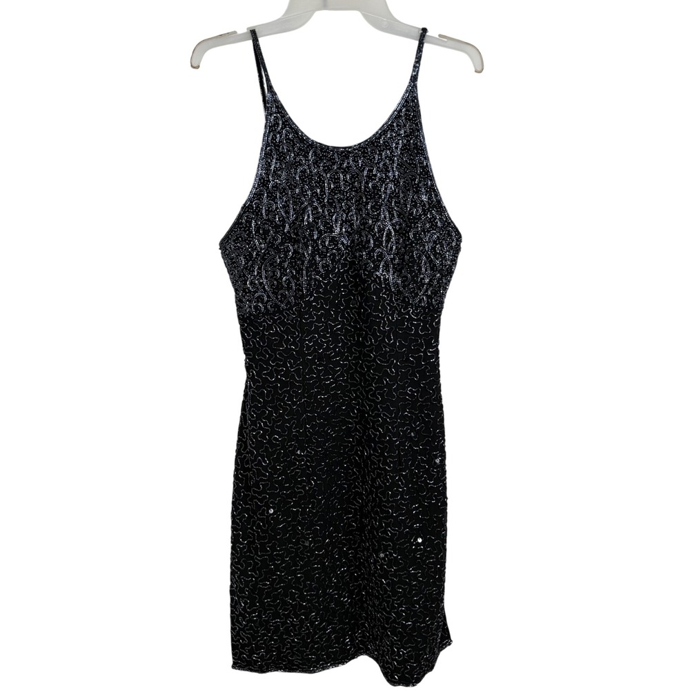 Vintage Cache Beaded Cocktail Dress Y2K Goth Bugle Bead Black Slip Mini Party